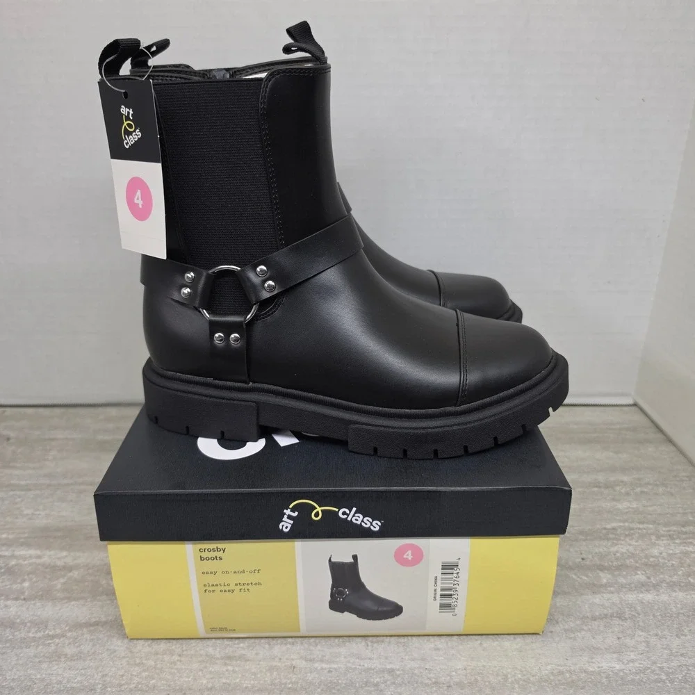 Art Class Crosby Kids‎ Black Harness Chelsea Boots Lug Sole Size 4 Girls shoes